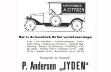 Annonce for de første Citroën-biler i Danmark. Fra KDAK's medlemsblad.