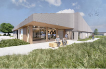 Den nye autohal p&aring; Tradium vil have b&aring;de teorilokaler og v&aelig;rksted m&aring;lrettet el- og hybridbiler (Foto: ERIK arkitekter A/S).